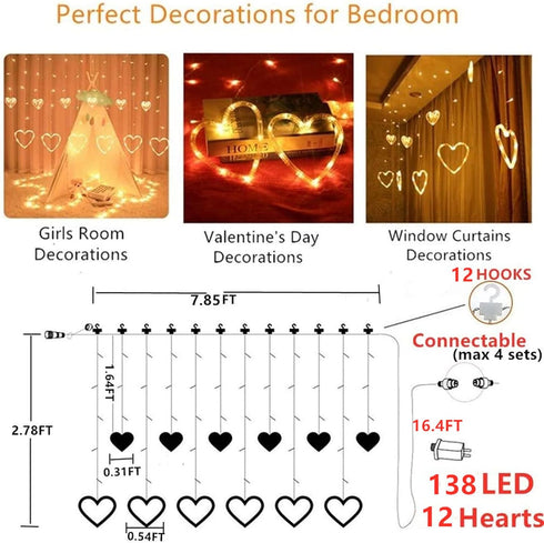Lights,138 12-Heart-Shaped Waterproof,8 29V Efunly Valentines Day Decor LED String Lights Modes Connetable Plug