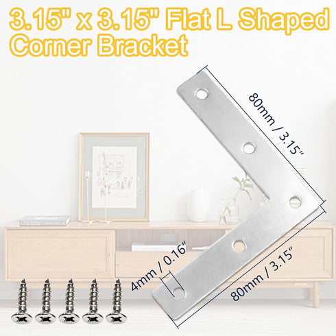10Pcs Shelves,3.15x3.15 inch Flat L Shape Bracket Corner Brace Stainless Steel Right Angle Corner Brace Repair Mending