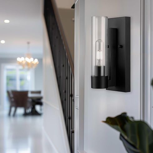 1-Light Dimmable, 65000104 GLOBE Electric Wall Sconce, Matte Black, Clear Glass Shade, Modern Industrial