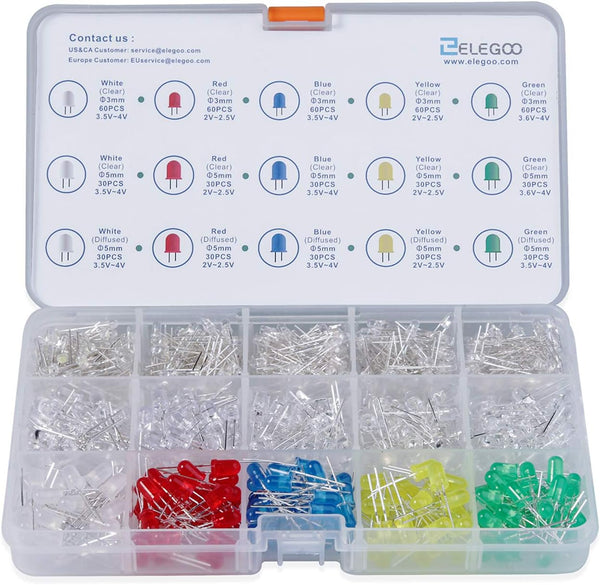 ELEGOO 3mm and 5mm Diffused and Clear Assorted LED Kit 5 Colors Pack of 600 for Arduino
