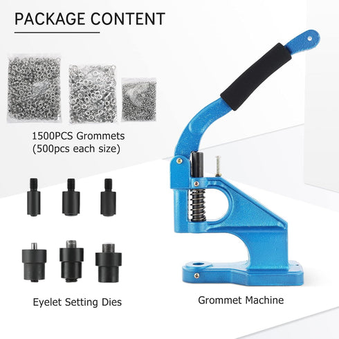 Hand Press Grommet Machine, Heavy Duty Eyelet Grommet Machine Punch Tool Kit with 3 Dies and 1500 Pcs Silver Grommets
