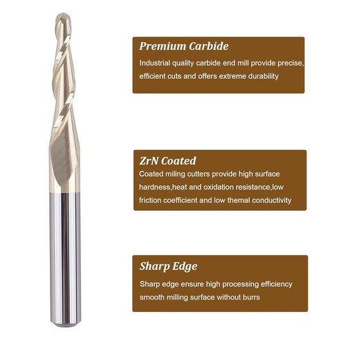 SpeTool Tapered Ball Nose End Mill 1/4" Shank, 1/16" Cutting Radius, ZrN Coated for 3D Carving Engraving Router Bit