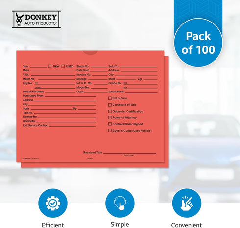 Printed Vehicle Deal Envelopes, 9x12 Deal Jackets, 100 Shrink Wrapped, Salmon