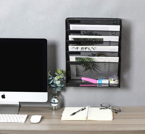 EasyPAG 5 Slot Wall Hanging File Organizer - Vertical Office Desk / Wall Mounted Paper Holder with Bottom Tray, Black