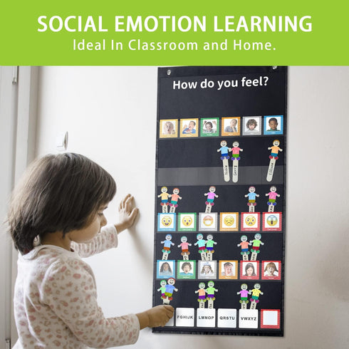 Emotions Feelings Pocket Chart, Classroom Chart with 24 Cards for Preschool Teacher, Daycare Decor, Social Emotional