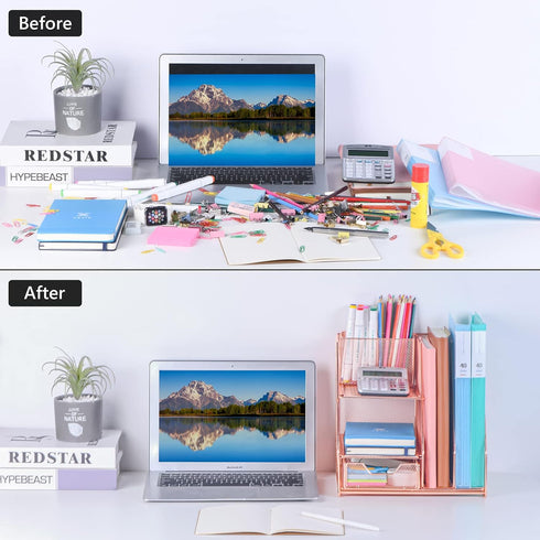 Rose Gold Desk Accessories Caddy with Sliding Drawer, Double Tray, File Organizer & Pen Holder for Office