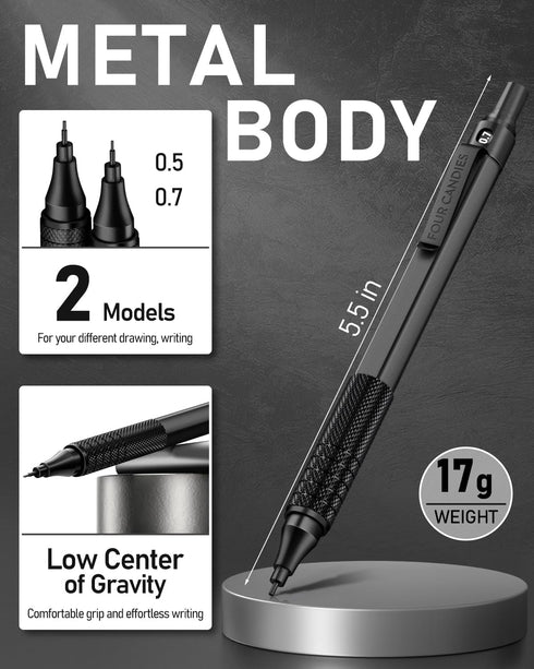 Four Candies 2PCS Metal Mechanical Pencils Set with Case, 0.5mm & 0.7mm Artist Pencil with 360PCS HB Refills