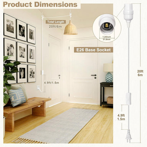 E26 20 (6M), 2-Pack DiCUNO Hanging Lantern Extension Cord Cable, Pendant Light Socket On Off Inline Cord Switch Control