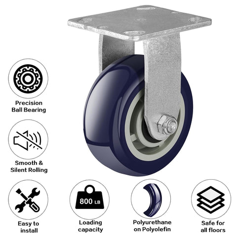 5"x 2" Heavy Duty Industrial Casters, Polyurethane on Polyolefin Casters, Loading Capacity up to 800 LB