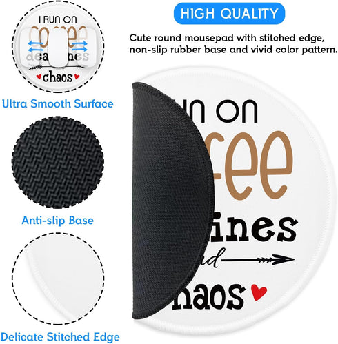 YAZMEEN Funny Text Mouse Pad, Coffee Deadline Chaos, Non-Slip Rubber Base, Cute Round Mat for Office