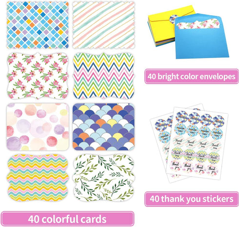 Fancy Land 40 Single Panel Blank Cards with Envelopes, Bright Pattern Watercolor Colorful Greeting Note Cards