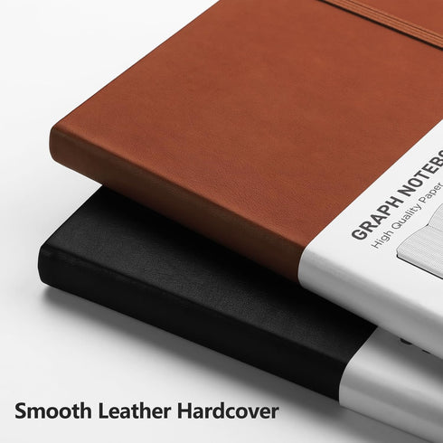 RETTACY Graph Paper Notebook 2-Pack, 192 Pages, Leather Hardcover, 5.7'' × 8.3'' (Black & Brown)