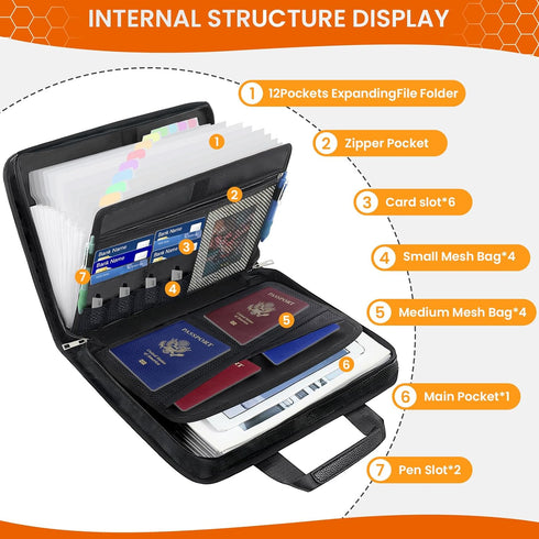 Important Document Organizer with Handle, Fireproof Accordion File Organizer, 12 Pockets for Letter A4 Files