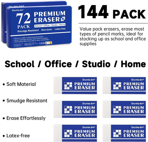 Shuttle Art 144 Pack Premium Erasers Bulk, White Classroom Set for Kids, Teachers, School and Office Supplies