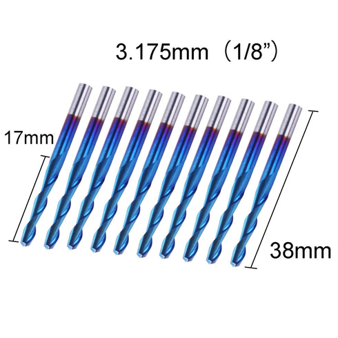 SainSmart Genmitsu 10Pcs Nano Blue Coat Flat Nose End Mill CNC Router Bits, 1/8" Shank Spiral Upcut 2 Flute Set