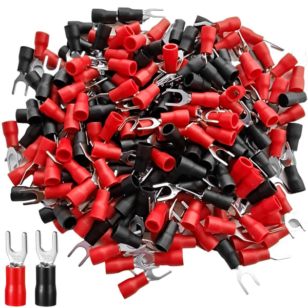 Insulated Fork Spade Wire Connector, 200Pcs AWG22-16 U Type Electrical Crimp Terminals (100 Pcs Red +100 Pcs Black)