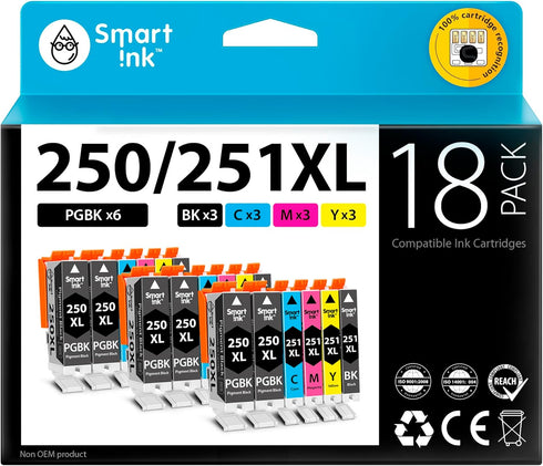 Smart Ink Compatible Ink Cartridge Replacement for Canon PGI 250 PGI-250 XL CLI 251 CLI-251 (18 Pack Combo) for Pixma
