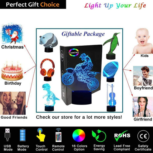 Comiwe 3D Toy,16 Motocross Illusion Night Light Colours Change Smart Touch & Remote Control,Home Decor LED Bedside