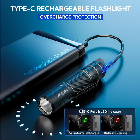 G800 3 RECHOO Flashlight Rechargeable, LED Flashlight with Lighting Modes, Fixed Focus, Pocket Clip, Small EDC Flash