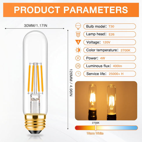 T30 Bulbs 4 40W Bulb E26 Bulbs T10 Bulb 2700K,Desk Dimmable,Chandelier,2 Pack ToBeGreat Light Watt Equivalent Tubular