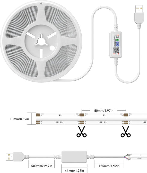 5V Light,9.84ft/3m MIWISE USB RGB COB LED Strip Tape Lights,RF & App Control,Music Sync,Ultra Bright Color Changing