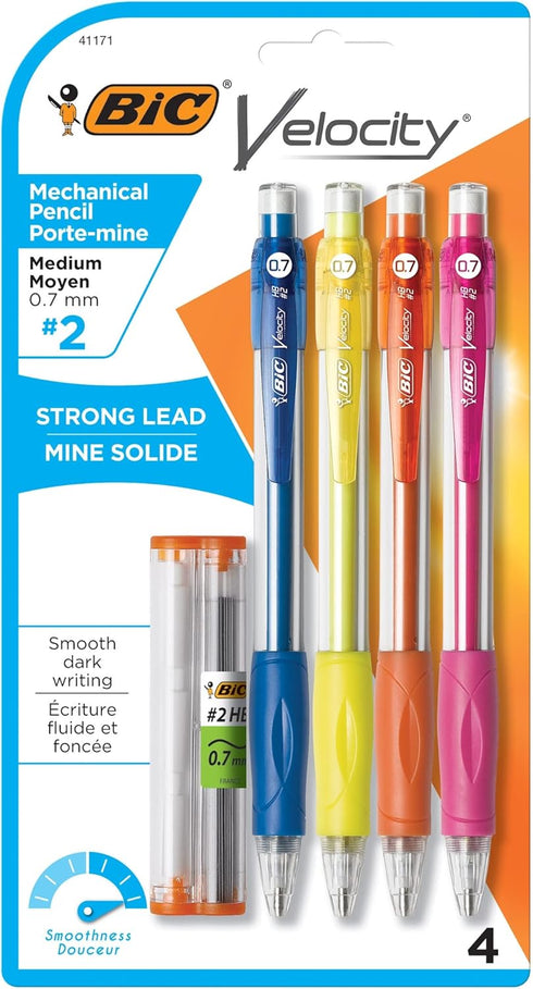 BIC Velocity Mechanical Pencils, 4-Count Pack, Medium Point (0.7mm), Colorful Barrel, with Eraser and Lead Refills