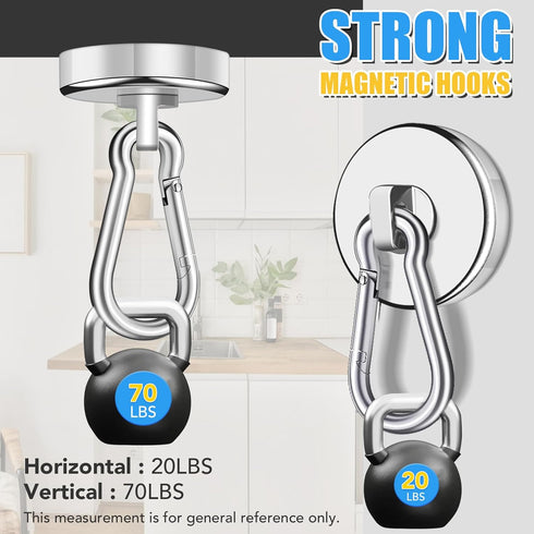 70Lbs Heavy Duty Magnetic Hooks with Swivel Carabiner, 6 Pack Extral Strong Neodymium Magnet Hooks for Hanging