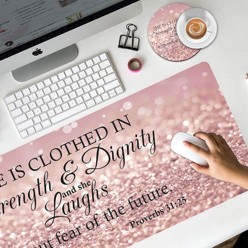 Large Gaming Mouse Pad - Long Extended XL Ergonomic Desk Pad, 31.5'' X 11.8', Proverbs 31:25, Pink Glitter Design
