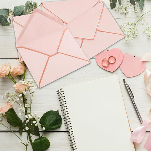 Whaline 50Pcs Blush Pink Invitation Envelopes with Rose Gold Border, V-Flap Gift Card Sleeves for Mailing, 7.3x5.3 Inch
