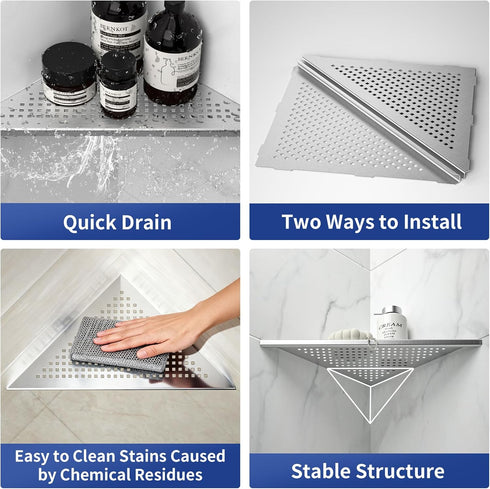 304 12" Corner Shower Shelf, Stainless Steel Brushed Recessed Bathroom Shelf, Grout in Shelf for Tiled Wall, Large Size