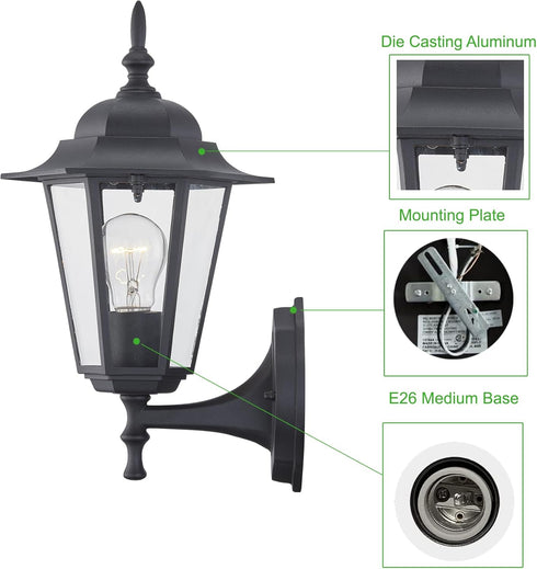 E26 60W Bulbs WISBEAM Outdoor Wall Lantern, Black Wall Sconce for House Porch Lighting Fixture, Base Max, Metal Housing