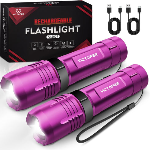 Victoper Pink Rechargeabe Flashlight 2 Pack, High Lumens 5 Modes LED Bright