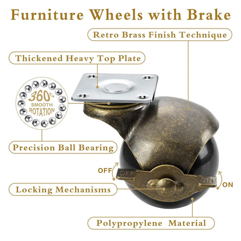 Caster Set of 4, Antique Brass Casters with Brake, 2 Inch Ball Castor Wheels for Vintage Furniture Heavy Duty