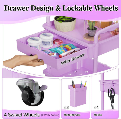 4 SUNALLY Tier Rolling Cart Organizer with Drawer, Bathroom Storage Carts with Wheels & Plastic Shelf, Mobile Storage