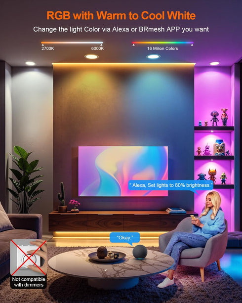 6 Inch 13W 1050 Dimmable 1 Pack DUSKTEC Smart Recessed Lighting - RGBCW Color Changing LED Can Light Retrofit Recessed