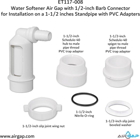 Water Softener Air Gap with 1/2-inch Barb Connector for Installation on 1-1/2-inch Standpipe with PVC Trap Adapters