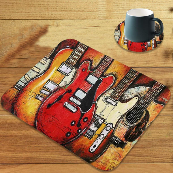 Gaming Mouse Pad Customized Tapestry Guitar Design Non-Slip Rubber Base with Coaster Set for Office and Gaming