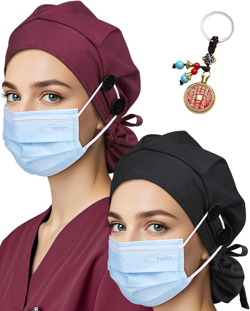 2 Pack Classic Scrub Caps for Women Ponytail, Satin Lined Surgical Caps