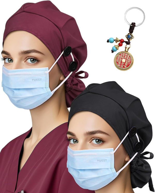 2 Pack Classic Scrub Caps for Women Ponytail, Satin Lined Surgical Caps