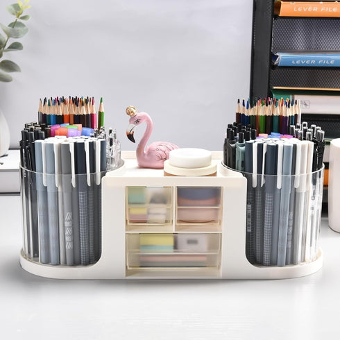 Rotating Desk Organizer with 2 Pen Holders, 10 Slots Pencil Holder, 3 Drawer Art Supply Storage Box Caddy for Office,
