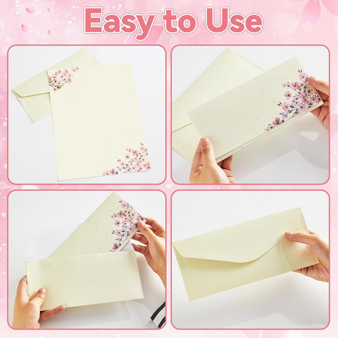 50Pcs 8.5 11 Inch Cherry Blossoms Letterhead with Envelopes Floral Cherry Blossoms Computer Paper Pink Floral
