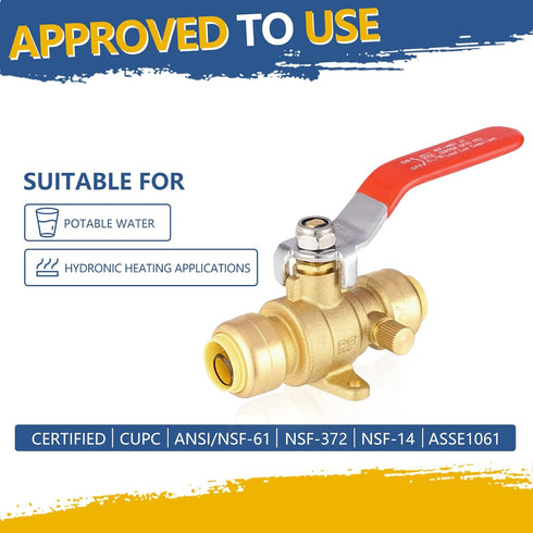 1/2 Inch Push-fit Drop Ear Ball Valve with Drain, Full Port Brass Shut off Ball Valve, Pack of 2 for Copper, PEX, CPVC