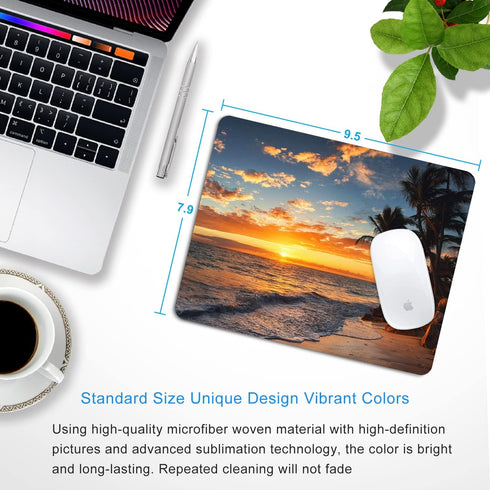 Sunset Beach Mouse Pad with Tropical Ocean Landscape and Non-Slip Rubber Base for Women's Office Desktop Decoration