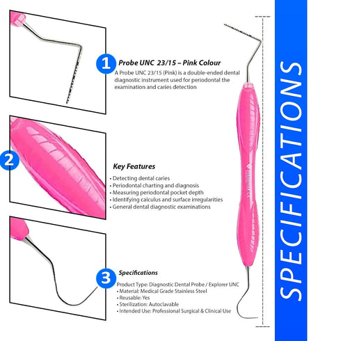 23/15 Probe UNC Pink Silicone Handle Stainless Steel Dental Periodontal Measuring Probe Professional Diagnostic