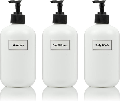 Plastic Bottles with Black Pumps + Customized Waterproof Labels - 16 oz. Squat Boston Round 3-Pack, White