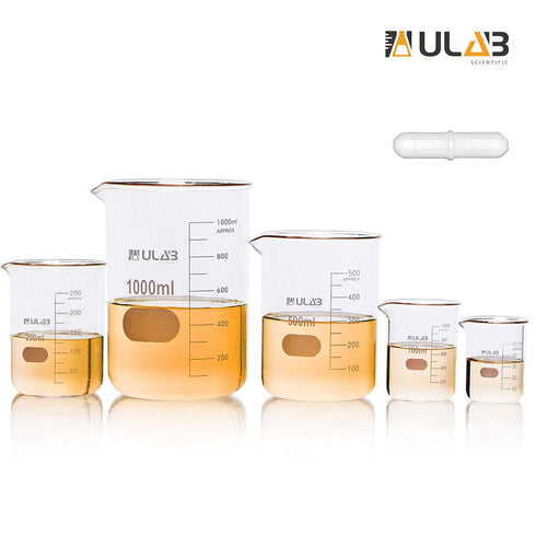 ULAB Scientific Glass Beaker Set with Magnetic Stir Bar Offered, 5 Sizes 50ml 100ml 250ml 500ml 1000ml, 3.3 Boro Griffin Low Form with Printed Graduation, UBG1002