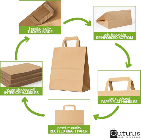 12x7x17 inches 25pcs Qutuus Large Brown Paper Bags with Handles - Brown Paper Grocery Bags with Handles Bulk, Large