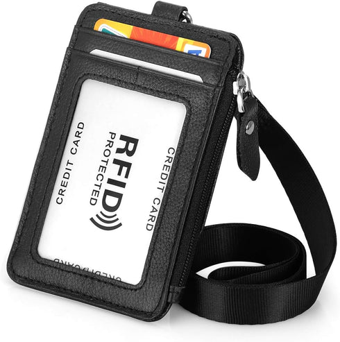 Black Genuine Leather Badge Holder with Zipper, RFID Keychain Wallet Neck Lanyards and Swivel Hook for Card/Coin/Cash