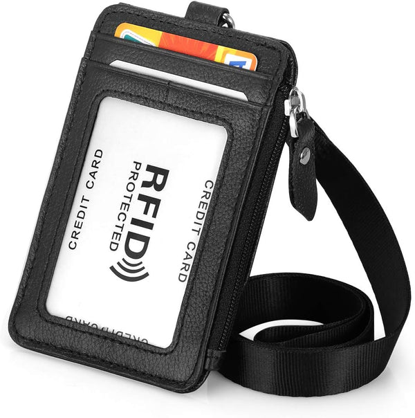 Black Genuine Leather Badge Holder with Zipper, RFID Keychain Wallet Neck Lanyards and Swivel Hook for Card/Coin/Cash