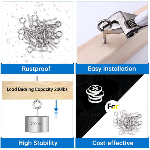 Muzata 20 Pack 3.3 Inch Stainless Steel Eye Screws for Heavy Duty Self Tapping M6 Eyelet Hooks